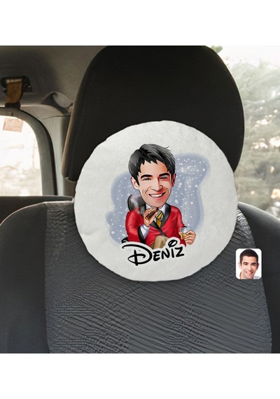 Bk Gift Kişiye Özel İsimli Erkek Patron Karikatürlü Yuvarlak Araç Koltuk Yastığı-2 Çok Renkli