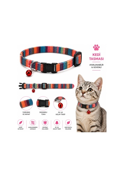 Kedi Tasması Renkli Çizgili Dokuma Zilli Ayarlanabilir Klipsli - Çok Renkli Diğer
