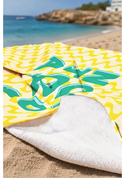 Modern Yazılı Dalgalı Plaj Havlusu - Sarı Turkuaz Retro Typografi Hızlı Kuruyan Mikrofiber Havlu Köpük Mimoza
