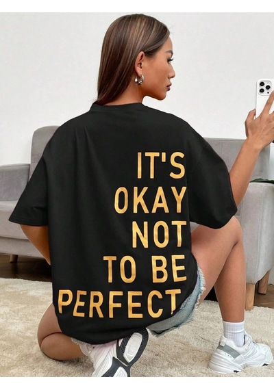 Startmore Kadın Siyah Its Okay Baskılı Oversize T-shirt Siyah