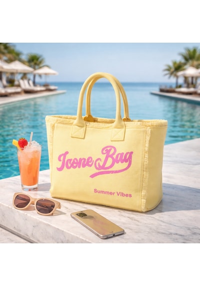 İcone Bag Icone Yıkamalı Denim Püskül Detaylı Şık Günlük & Plaj Çantası, Püsküllü Omuz Çantası Sarı
