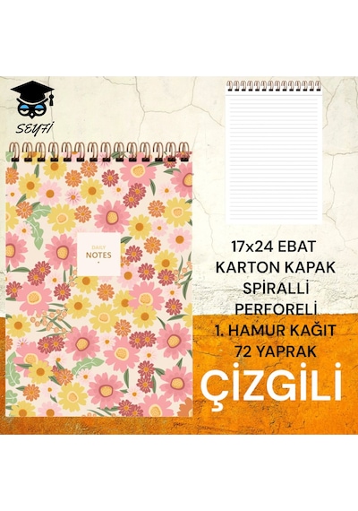 17x24 Cm Çizgili 72 Yaprak Üstten Açılır Karton Kapak Telli Defter Beyaz Sayfa 1.hamur Kağıt Perfore Çiçek