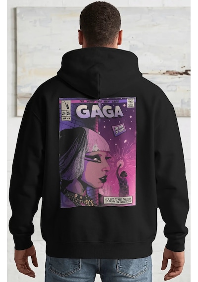 Sevbano Tasarım Lady Gaga Şarkıcı Sırt Baskılı Unisex Oversize Penye Hood Siyah