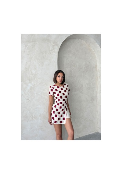 Verymoda Dantel Detaylı Kare Desen Şort Etek D2696 Taş Bordo