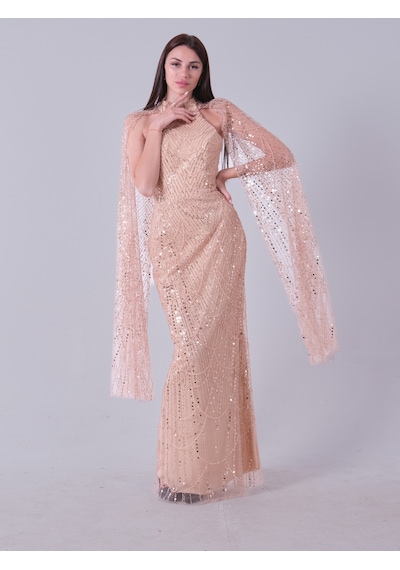 Feminist Gold Boyundan Pelerin Detaylı Pul Payet İşlemeli Straplez Abiye 9705827