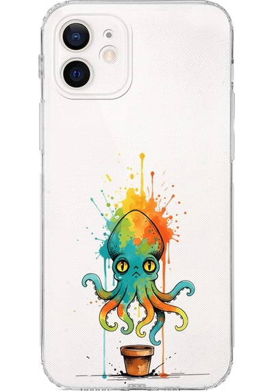 Apple Uyumlu iPhone 12 Mini İle  Splash Ahtapot Tasarımlı Kamera Korumalı Şeffaf Silikon Kılıf 051a