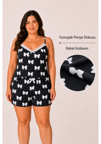Bravie Kadın Büyük Beden İp Askılı Yakası Dantelli Kurdele Desenli Siyah Yazlık Pijama Takımı