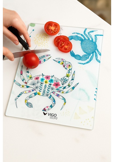 Makri Home Yengeç Desenli Cam, Kesme Tahtası, 25 35 Cm Mavi