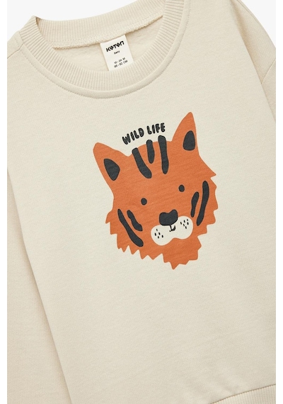 Koton Erkek Bebek Pamuklu Uzun Kollu Bisiklet Yaka Kaplan Baskılı Sweatshirt Ekru