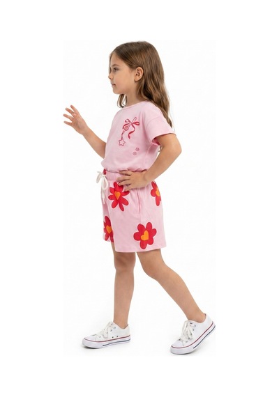 Toontoy Kids Toontoy Kız Çocuk 2'li Şortlu Takım Bisiklet Yaka Kısa Kollu Baskılı Tişört - Beli Lastikli Bağlamalı Baskılı Şort 25035 Pembe
