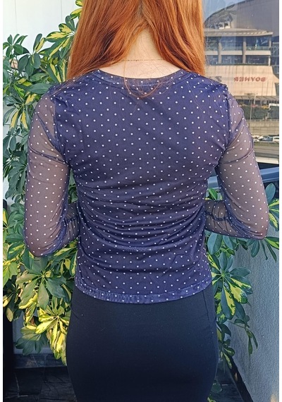 Puantiye Desenli Uzun Kollu Tül Bluz 001