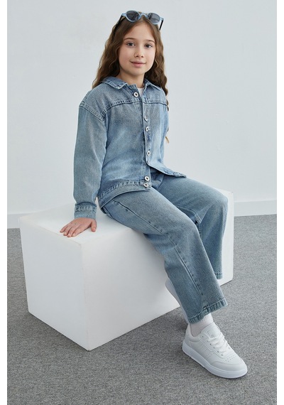 Fullamoda Taşlı Beli Lastikli Kız Çocuk Jean 3 Lü Takım Mavi