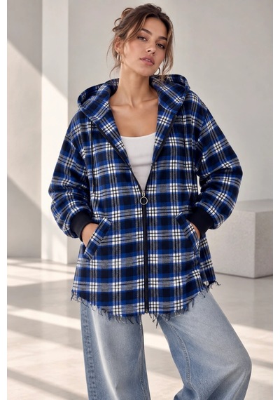 Bb Butik Basic Kapüşonlu Fermuarlı Oversize Ekose Oduncu Gömlek Ceket Kadın Rahat Mevsimlik Günlük Tr0935 mavi