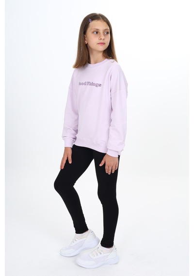 Toontoy Kız Çocuk 2'li Takım Baskılı Bisiklet Yaka Düşük Omuz Sweatshirt & Basic Düz Tayt Açık Lila