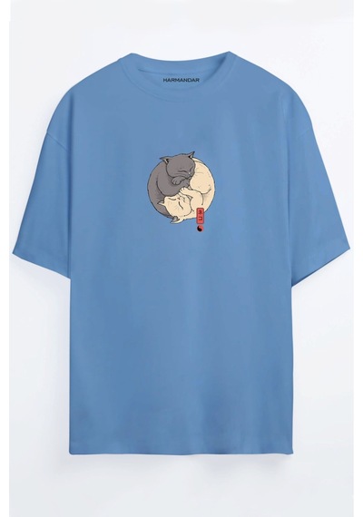 Ying Yang Kedi Baskılı Unisex Siyah Oversize T-shirt Mavi
