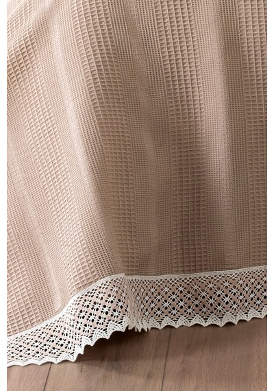 %100 Pamuk Çift Kişilik Kopanaki Dantelli Waffle Pike-210x230 Cm-kapuçino Petek Pike Cappuccıno Cappuccino