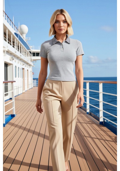 Benerly Kadın Bluz Fitted Crop Polo Yaka Kısa Kol Fitilli Örme Dokuma Det Gri Melanj