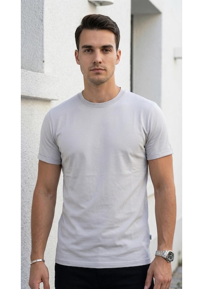 Plus Scorpion T02 Kol Katlama Erkek Slim Fit Basic Tişört Bisiklet Yaka, Düz Kumaş, Yazlık Model Gri