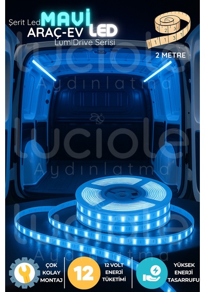 Lumidrive 2m Mavi Araç Led Şerit 12v, 120 Led, 2835 Smd, Kesilebilir, Yapışkanlı