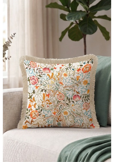 Çiçekli Vintage Desenli Saçaklı Yastık Kılıfı-botanik Boho Ekru Turuncu Krem Püsküllü Kırlent Kılıfı Buzlu Esinti Nova