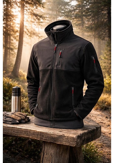 Vatan Tekstil Slim Fit Erkek Tam Fermuarlı Dik Yaka 4 Cepli Polar Softshell Garnili Siyah