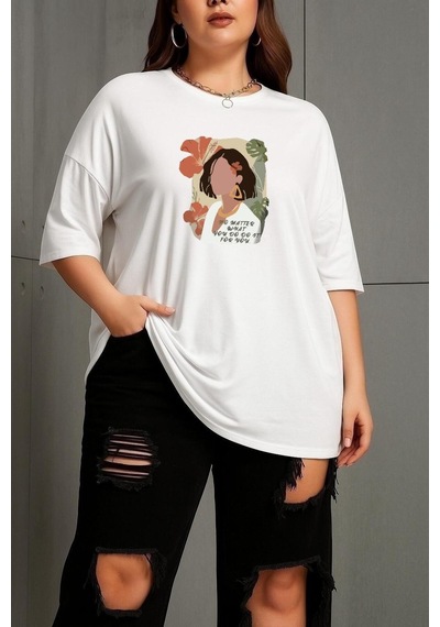 Büyük Beden Renkli Kadın Baskılı Unisex Tişört Beyaz