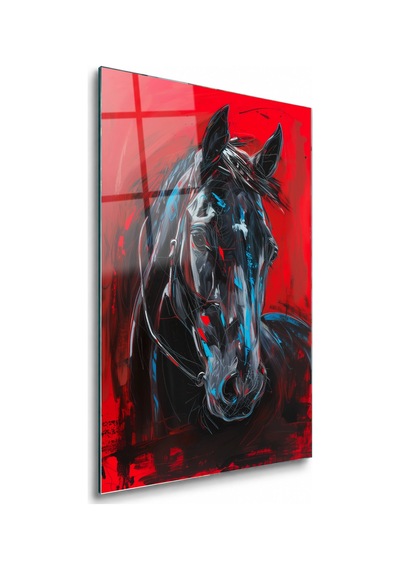 Kırmızı Arka At Çerçevesiz Cam Tablo