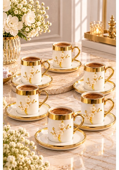 6 Kişilik 12 Parça Lüks Gold Kaplama İnci Lotus Dallı Kahve Fincan Takımı Seti 100ml - Sunum Fincanı Altın - Beyaz