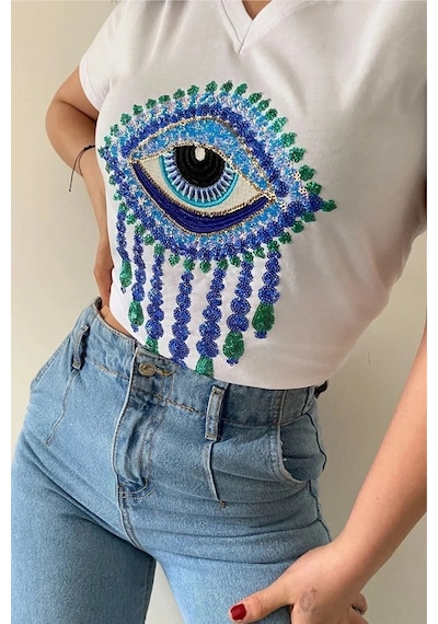 Cassime Kadın Beyaz V Yaka Göz Pul Payet Işlemeli %100 Pamuk Tişört S-m-l-xl-2xl-3xl