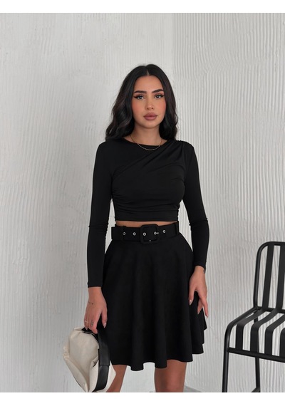 Ozy Fashion Kadın Siyah Renk Midi Boy Kemerli Süet Kloş Etek Siyah