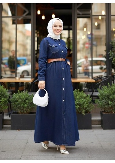 Hb Harma Time Butik Kadın Düğmeli Kemerli Denim Lacivert Kot Elbise