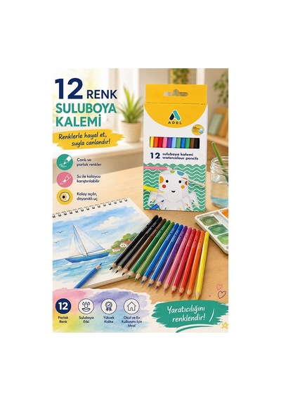Aquarel Suluboya Kalemi 12 Renk 1 Paket Adel Karton Kutu Sulu Boya Kalemi 12 Li Fırça Hediyeli Sanatsal Kaliteli Çok Renkli