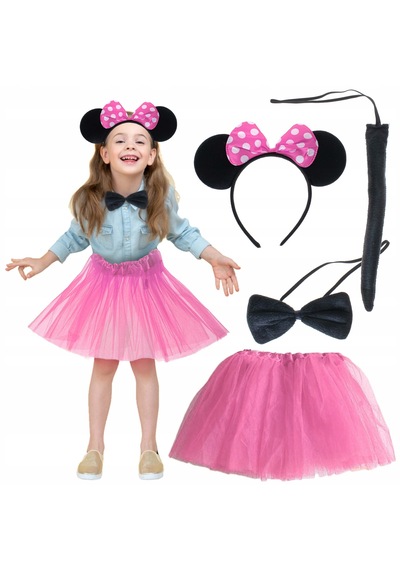 Minnie Kostüm Seti Pembe Tütü Etek + Pembe Taç + Papyon + Kuyruk Altın Ve Çok Renkli