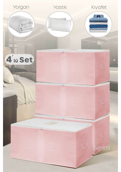 Serstil 4 Adet - Orta Boy Pembe Çizgili Hurç 63 X 40 X 34 Cm