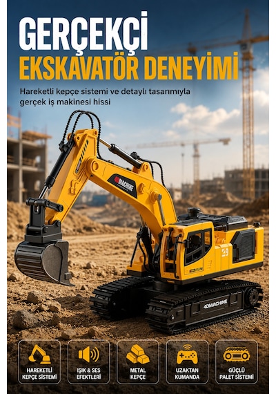 Buharlı Işıklı Sesli Metal Alaşım Excavator Uzaktan Kumandalı Rc İş Makinesi Sarı