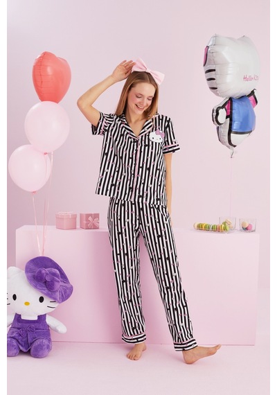 Siyah İnci Lisanslı %100 Pamuk Çok Renkli Düğmeli Biyeli Pijama Takım Hk051 Siyah Beyaz