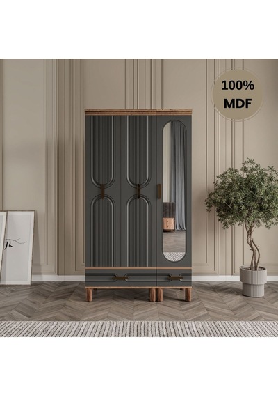 Zen 3 Kapak Ayaklı Tasarım Country Mdf Gardırop Antrasit