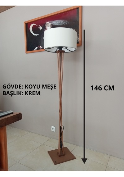 Ahşap Lambader- Ayaklı Abajur- Köşe Aydınlatma- Koyu Meşe Krem Başlık