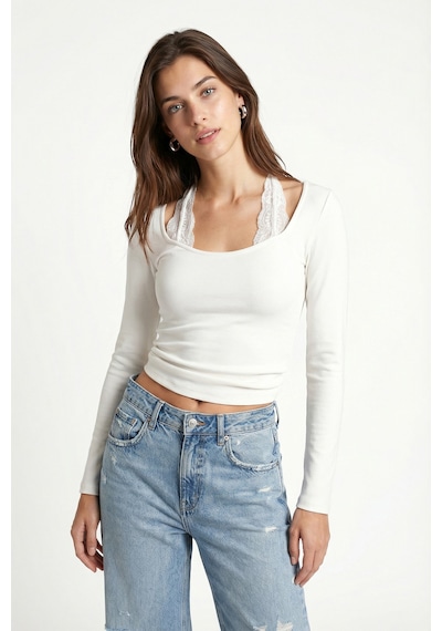 Ritnice Kadın Emma Dantel Detaylı Uzun Kollu Ekru Basic Top / Bluz