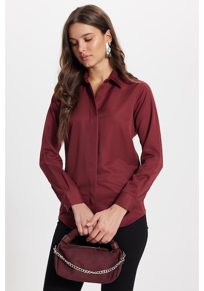 Tudors Kadın Slim Fit Dar Kesim Vucüda Oturan Uzun Kollu Gizli Düğme Detaylı Bordo Basic Gömlek-42048