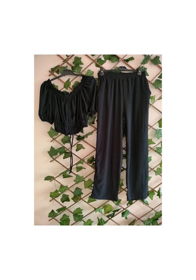 Çınar Boutique Gofre Kumaş Croplu Takım Siyah Siyah