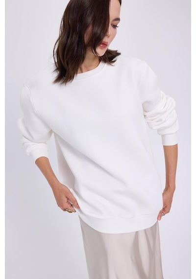 Tudors Kadın Oversize Geniş Kesim Pamuklu 3 İplik İçi Polarlı Basic Beyaz Bisiklet Yaka Sweatshirt-41553 Beyaz