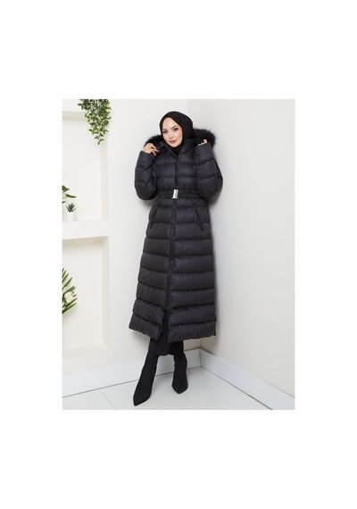 Hb Harma Time Butik Kadın Bel Kemerli Kapüşonlu Uzun Şişme Siyah Mont Siyah Siyah