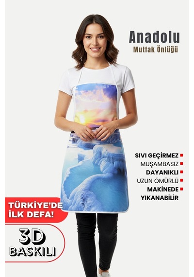 Anadolu 3 Boyutlu Mutfak Önlüğü 3d Baskılı Mutfak Önlüğü Sıvı Su Geçirmez Mutfak Önlüğü Pamukkale