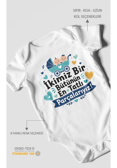 Morivokids İkimiz Bir Bütünün Yazılı Kısa Kollu Bebek Body %100 Pamuk Beyaz