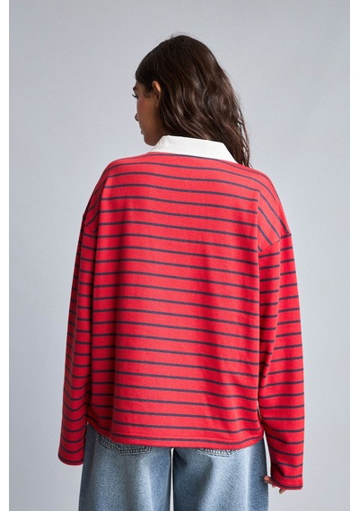 Defacto Oversize Polo Yaka Çizgili Baskılı Kalın Kumaş Sweatshirt H5841ax26wnrd227 Kırmızı-rd227