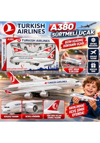 Türk Hava Yolları A380 Sürtme Mekanizmalı Oyuncak Yolcu Uçağı Seti Çok Renkli