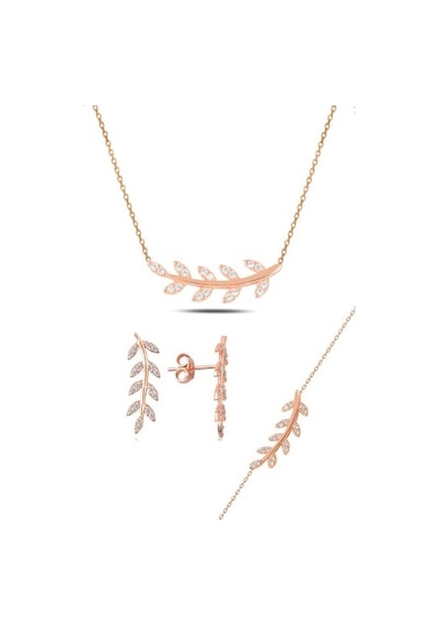Gümüş Rose Zirkon Taşlı Yaprak Üçlü Set