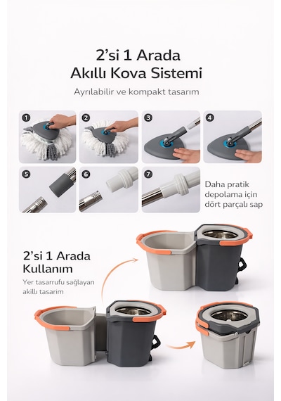 Pedallı Otomatik Mop Temizlik Seti 360 Döner Başlıklı 2 Adet Mikrofiber Bez
