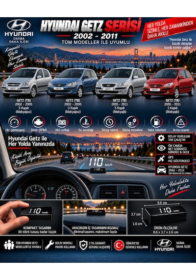 Hyundai Getz 2002-2011 Modeller İçin Head Up Display Hayalet Gösterge Ekranı Ön Cam Hız Göstergesi